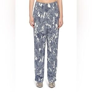 NWT Roberto Cavalli Iris Print Straight Leg Trousers Ivory Navy Pants 38 (US 2)